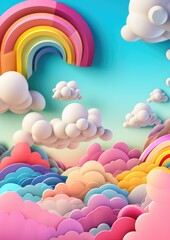 Abstract wallpaper of rainbow with clouds like baloons, pastel colors cartoon. Generative Ai.