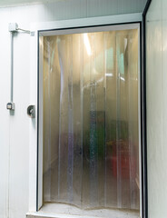 Open door of an industrial freezer. Storage of frozen products.
