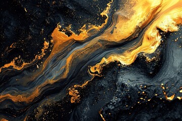 Abstract luxury fusion with black and gold liquid, gold splatters. Nature's abstract beauty captured in a fluid masterpiece of black and gold, splashed with shimmering droplets of liquid gold.