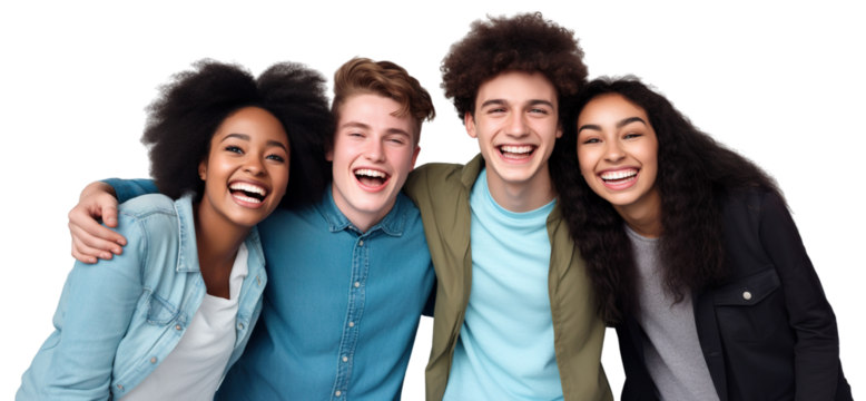 Hugging happy freshmen students of different nationalities, best friends, cut out. Multiracial concept