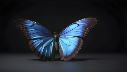 Fototapeta premium Black and blue butterfly on dark surface, black background