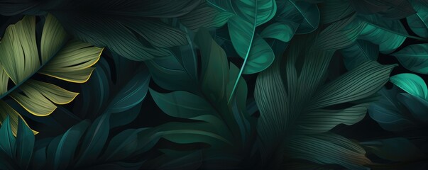 Wallpaper of exotic dark green leaves with different type of green shades, panorama. Generative ai. - obrazy, fototapety, plakaty