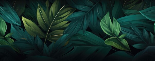 Fototapeta na wymiar Wallpaper of exotic dark green leaves with different type of green shades, panorama. Generative ai.