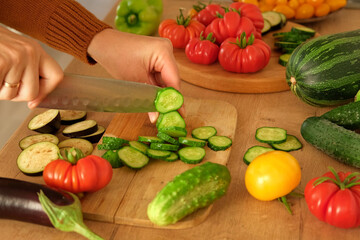 Woman using a knife cutting fresh raw vegetables. Tomatoes, cucumbers being sliced on a wooden board. Cooker at home making a healthy veggie meal. Chopping ingredients for preparing vegetarian dish 4K