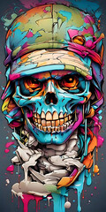 Ready to print colourful graffiti illustration of A SKULL FACE and a basecap