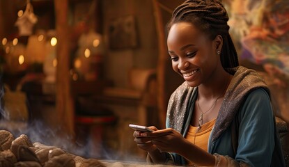 The bright smile of an African woman holding a smartphone suggests happiness and engagement with digital technology. - obrazy, fototapety, plakaty