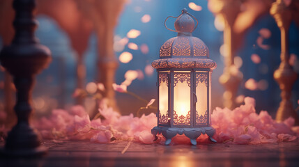 3d painting of Islamic lantern Eid lamps with the word Ramadan wallpaper - obrazy, fototapety, plakaty