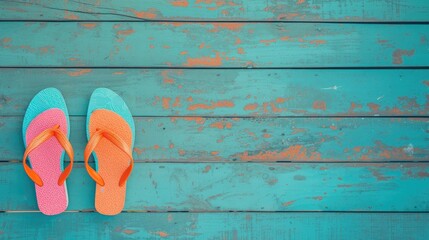 Flip flops resting on a blue wooden floor, evoking a sense of relaxation and summertime vibes. - obrazy, fototapety, plakaty