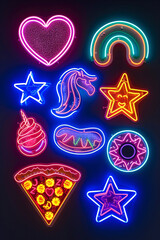 Pop art icons glowing with neon flair, a vibrant collection for modern expressions