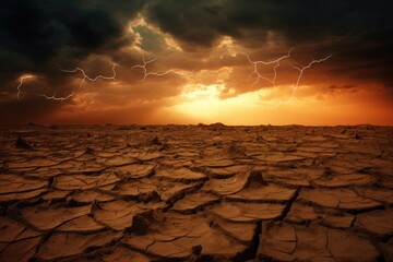 Texture of dry cracked ground surface with storm sunset lightning bolts, climate change. Generative Ai.