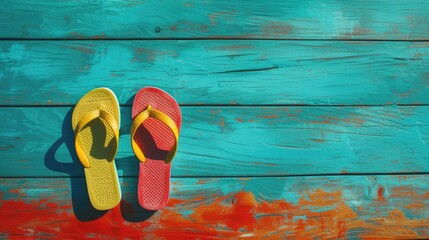 The casual charm of flip flops against a blue wooden floor, perfect for leisurely strolls by the beach. - obrazy, fototapety, plakaty