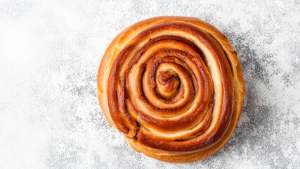 Cinnamon bun on a light background top view.