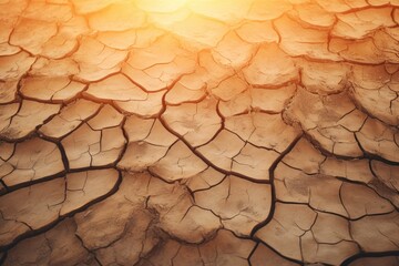 Texture of dry cracked ground surface with sunset light, climate change. Generative Ai.