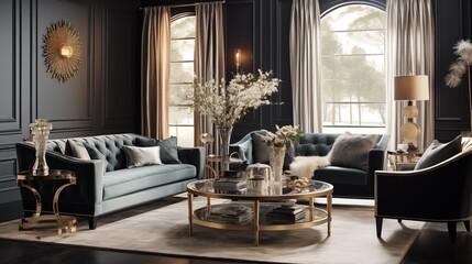 Design a glamorous Hollywood-inspired living room with luxurious velvet furniture, mirrored surfaces, and gold accents for a touch of opulencear