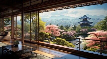 Fototapeta premium View from the beautiful residence to Japan Garden