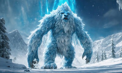 Glacial yeti description the glacial yeti is a towering ice creature that glistens with frost in 4K detail, watch as ice crystals form and shatter realistically as it moves through its frigid habitat. - obrazy, fototapety, plakaty