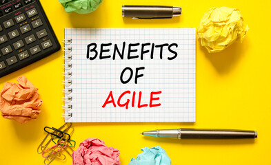Benefits of agile symbol. Concept words Benefits of agile on beautiful white note. Beautiful yellow...