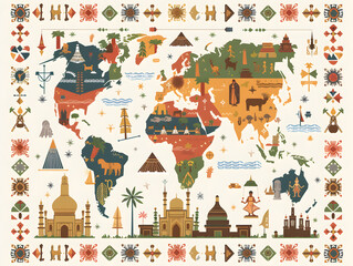 Global Diversity and Cultural Harmony Concept - Stylized World Map with Iconic International Landmarks and Symbols Illustration