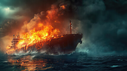 Old boat on fire with high flames - obrazy, fototapety, plakaty