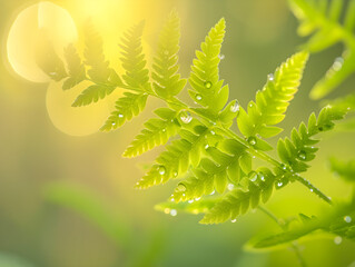 Detailed Macro of Fresh Green Fern Leaves with Morning Dew Droplets - Sunlit Bokeh Background, Nature Purity Concept, Rain-Refreshed Flora Elegance