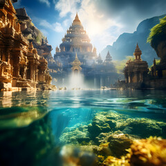 Opulent acient Temple of lost Lemuria civilization bathed in golden  light around ocean. culture concept. Ai generated - obrazy, fototapety, plakaty