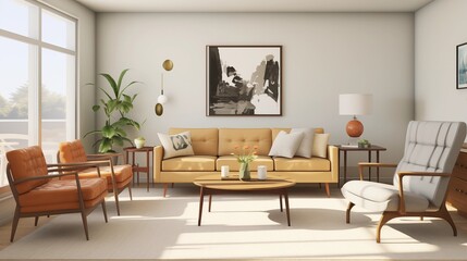 Fototapeta premium Design a mid-century modern living room with clean lines, iconic furniture pieces, and a neutral color palettear