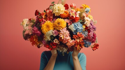 A large bouquet of various flowers covers a person's face. Spring blooming colorful composition in vivid colors.