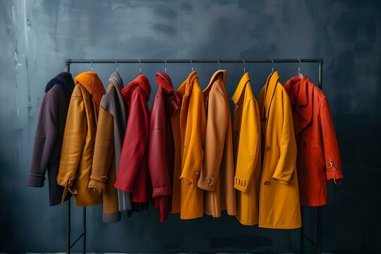 Colorful array of coats hanging on rack in a moody setting. perfect for fashion and retail themes. a dramatic presentation. AI
