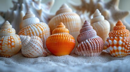 a still life arrangement of various seashells, emphasizing their unique textures and patterns