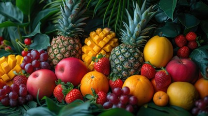 a mix of exotic fruits, highlighting their unique textures and colors, arranged in a vibrant, tropical composition.