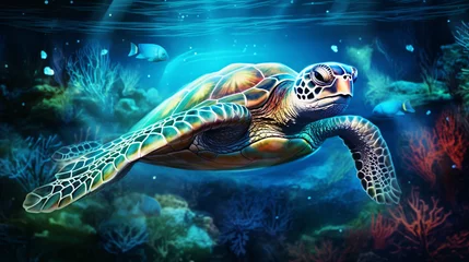 Fotobehang Tropical sea turtle wallpaper in the style of bio © Abdulmueed
