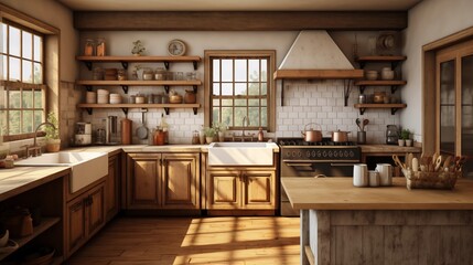 Design a rural farmhouse kitchen with distressed wood cabinets, a large farmhouse sink, and open shelving for a cozy, country feelar