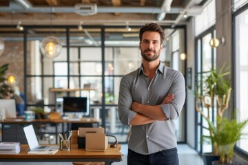 Fototapeta premium Confident entrepreneur standing in front of a successful startup office Embodying leadership and ambition