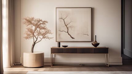 Design a sleek and modern entryway with a statement-making console table, minimalist decor, and a large mirrorar