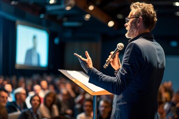 Eloquent public speaker delivering a persuasive speech at a conference