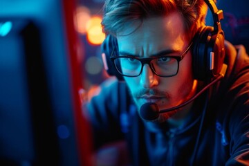 Focused gamer intensely competing in an esports tournament - obrazy, fototapety, plakaty