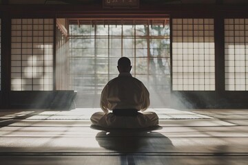 Focused martial artist practicing in a tranquil dojo Symbolizing discipline and strength