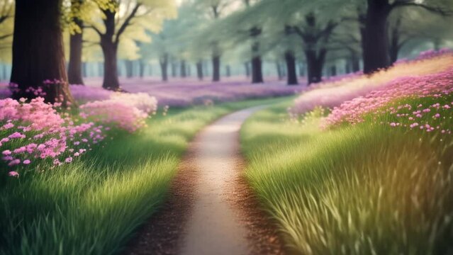 POV of Walking Down a Path Through Spring Flowers