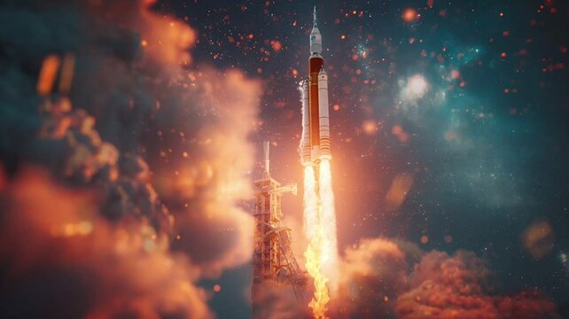 A rocket is soaring at high speed, leaving a trail of smoke in the bright blue sky. The thunderous roar of its engines creates an atmosphere of excitement and awe, looping video 