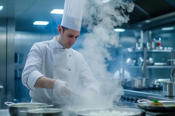 Innovative chef experimenting with molecular gastronomy in a state-of-the-art kitchen