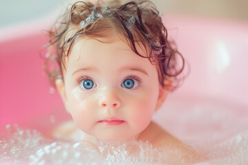 Blue-eyed baby staring in the bath
