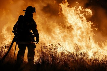 Naklejka premium Male firefighter bravely battling a fierce blaze Symbolizing courage and heroism