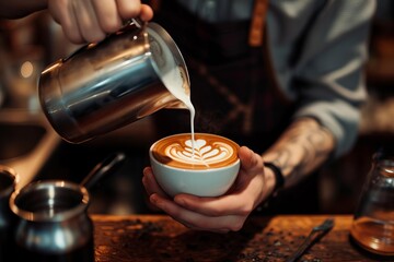 Fototapeta na wymiar Professional barista creating latte art in a cozy caf environment