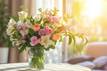 Spring flowers bouquet in vase on table in living room with morning sun light. Stylish apartment interior with blooming flowers
