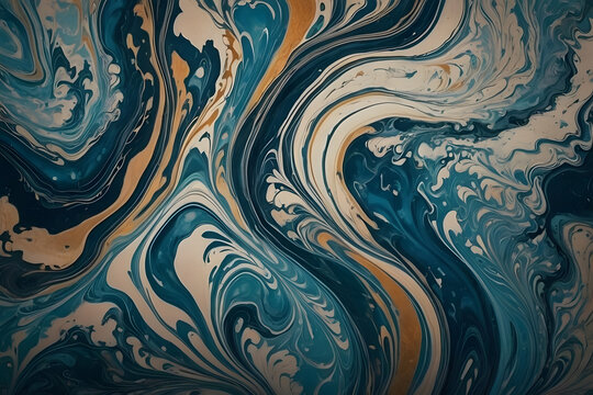 Marbling wallpaper in blue, orange and white color tones