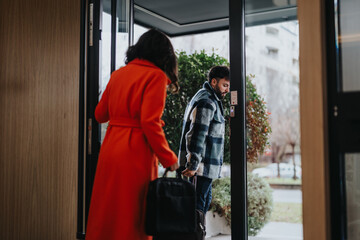 A man and woman in business attire are having a discussion as they exit an office building into the overcast weather, representing a corporate lifestyle.