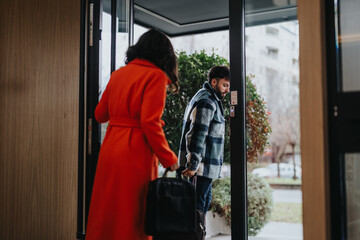 Fototapeta premium A man and woman in business attire are having a discussion as they exit an office building into the overcast weather, representing a corporate lifestyle.