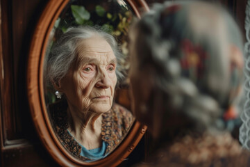 Creative conceptual collage. Senior woman looking in mirror and remembering her past. Aging. Concept of present, past and future, age, lifestyle, memories, generation, ad