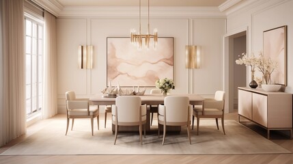 Fototapeta premium Design an understated luxury dining room with a neutral color palette, sleek furniture, and subtle metallic accentsar