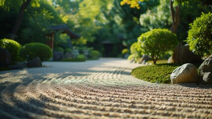 Tranquil zen garden with raked gravel lines, embodying serenity and simplicity in nature.